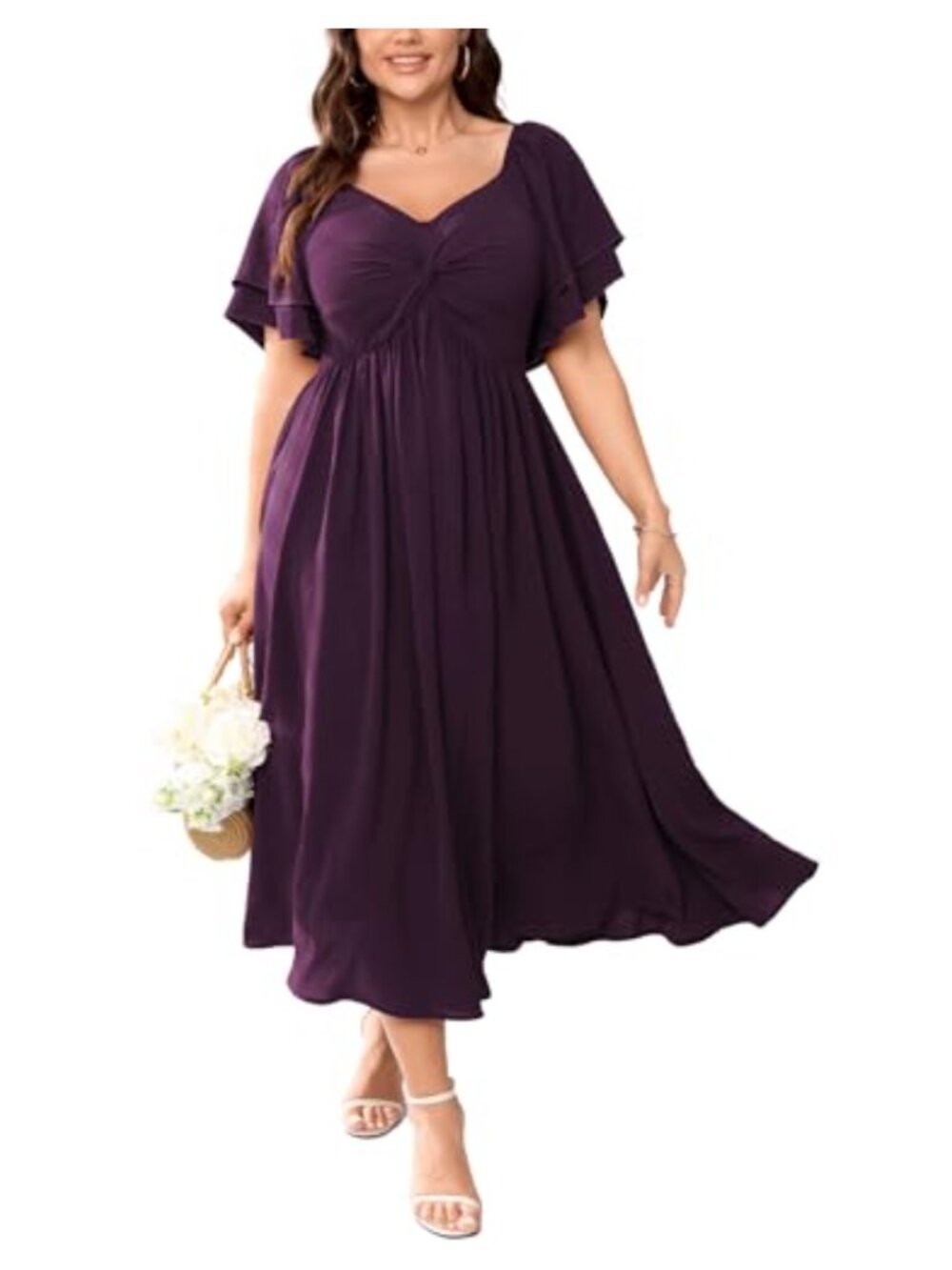 Plus Size Cocktail Maxi Dress Sweetheart Ruffle Sleeve Flowy A-Line Formal